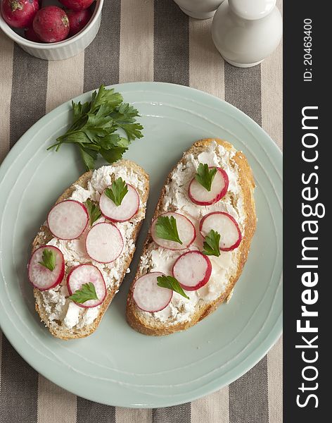 Sourdough with goat's cheese and radish on a plate. Sourdough with goat's cheese and radish on a plate