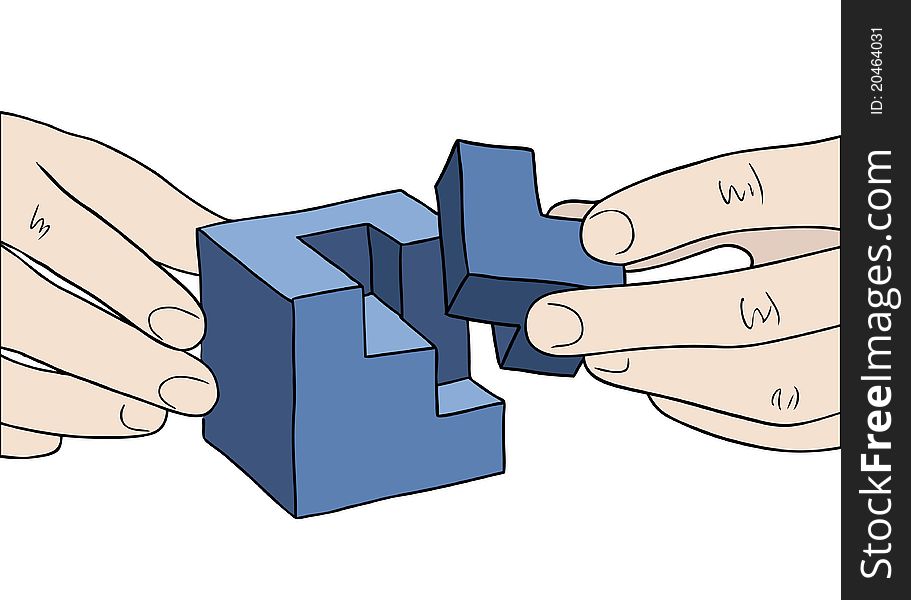 Human hands assembling blue cube vector