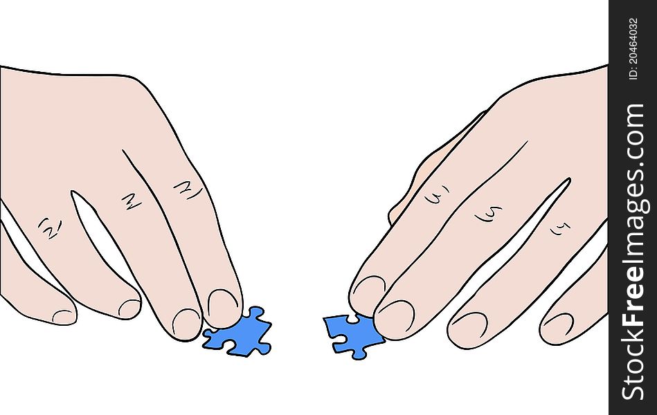 Human hands assembling two puzzle pieces vector
