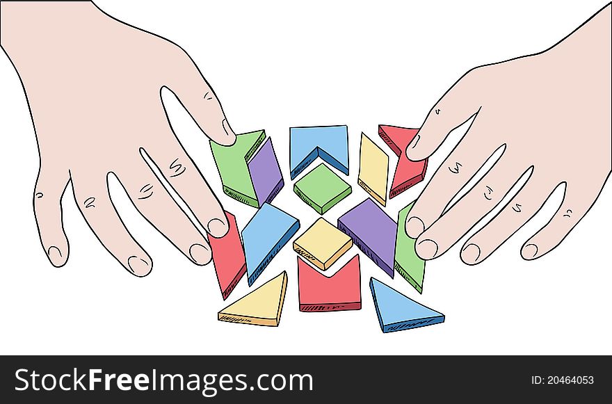 Human hands assembling puzzle from multicolored pieces