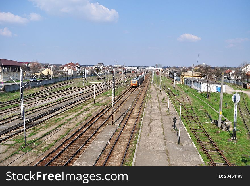 Train at a train station in Timisoara.