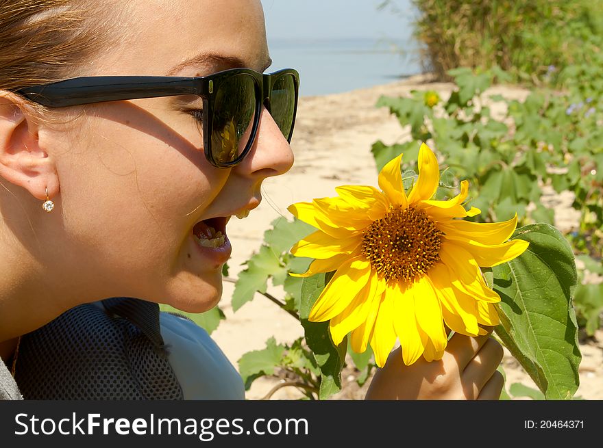 The girl in sunglasses rejoices to a sunflower. The girl in sunglasses rejoices to a sunflower