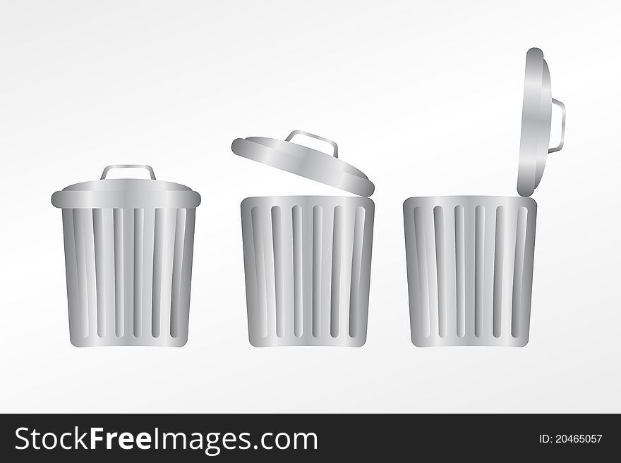 Silver metallic trash can over gray and white background. illustration