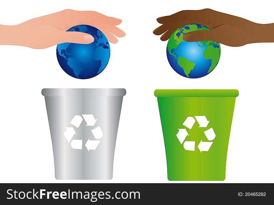 Green, blue and silver world to garbage isolated over white background