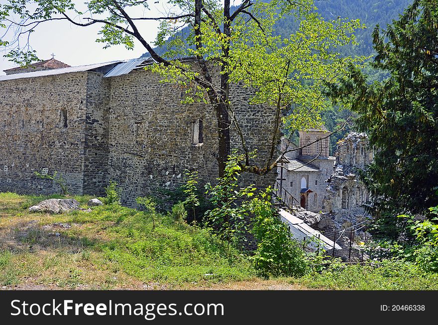 Ruins of Saint Nicholas monastery on Olymp mountains near Litochoro in Greece