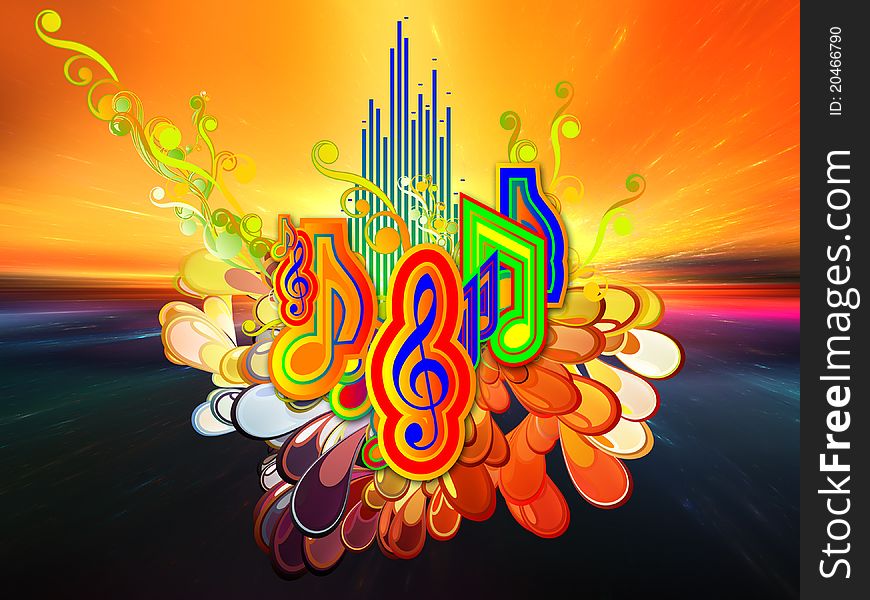 Interplay of abstract sunrise background, music meter, abstract splash and music symbols on the subject of music, song, sound and performance. Interplay of abstract sunrise background, music meter, abstract splash and music symbols on the subject of music, song, sound and performance.