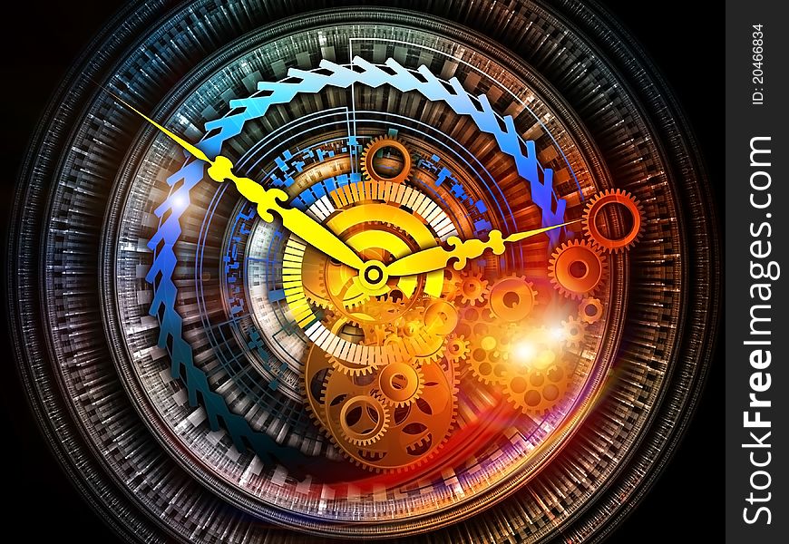 Interplay of elements of a clock and abstract elements on the subject of time, progress, past, present and future of technology. Interplay of elements of a clock and abstract elements on the subject of time, progress, past, present and future of technology