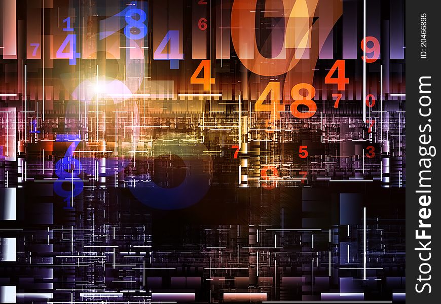 Interplay of technological texture and symbols on the subject of modern technologies and computing. Interplay of technological texture and symbols on the subject of modern technologies and computing