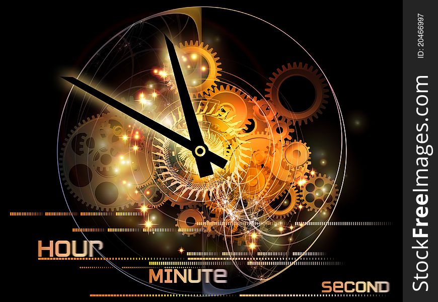 Interplay of elements of a clock and abstract elements on the subject of time, progress, past, present and future of technology. Interplay of elements of a clock and abstract elements on the subject of time, progress, past, present and future of technology