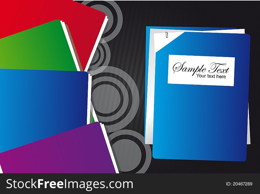 Blue, green, red, violet folder over black and gray circles and lines background. Blue, green, red, violet folder over black and gray circles and lines background