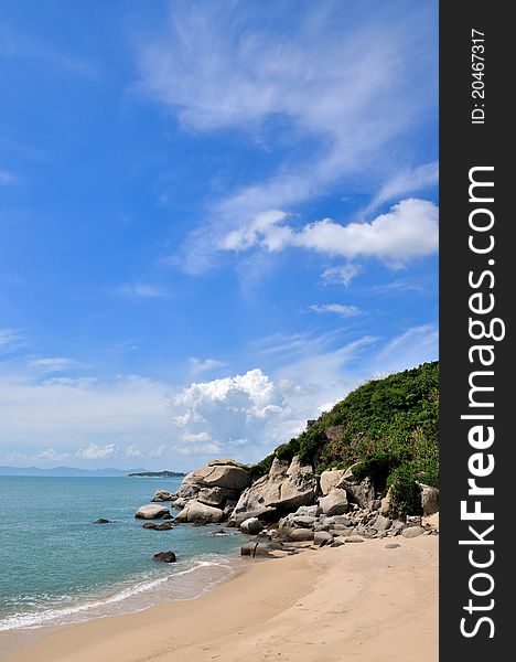 Blue sky and white cloud by sea coast, shown as rocky sea coast landscape. Blue sky and white cloud by sea coast, shown as rocky sea coast landscape.