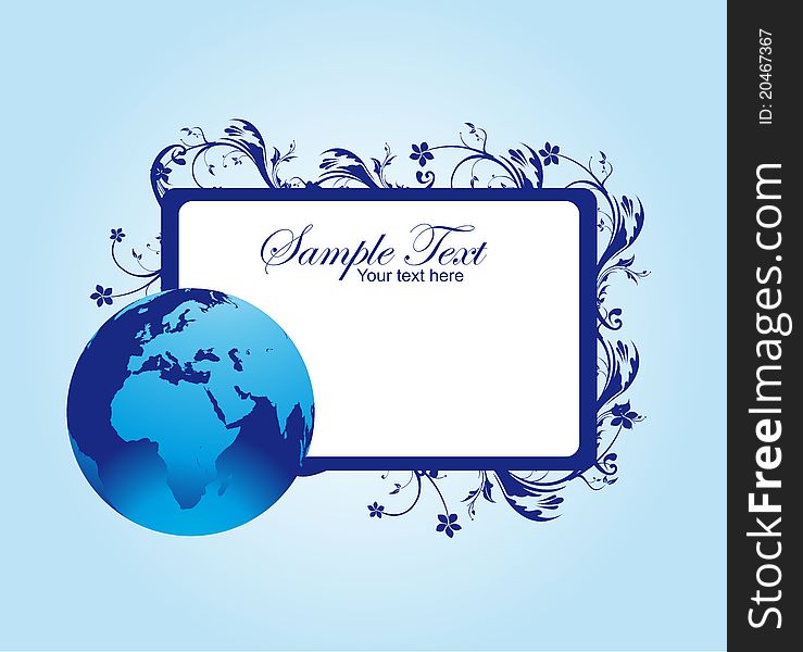 Blue and white blank label with planet over blue and white background