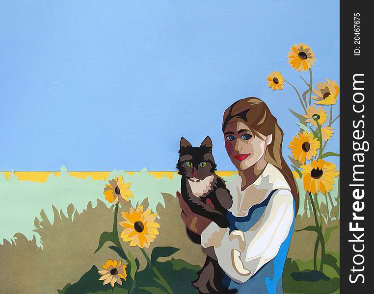Artist's rendering of a woman holding a cat; a paper collage. Artist's rendering of a woman holding a cat; a paper collage.