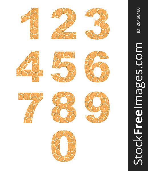 Numbers cropped from slices of fresh orange. Numbers cropped from slices of fresh orange