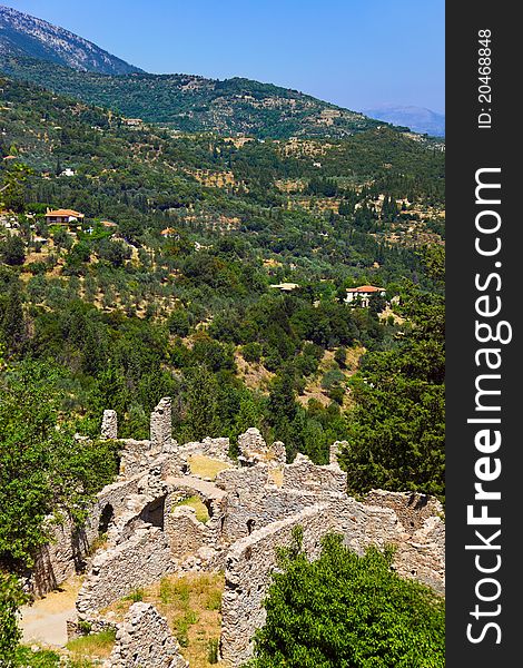 Ruins of old town in Mystras, Greece - travel background