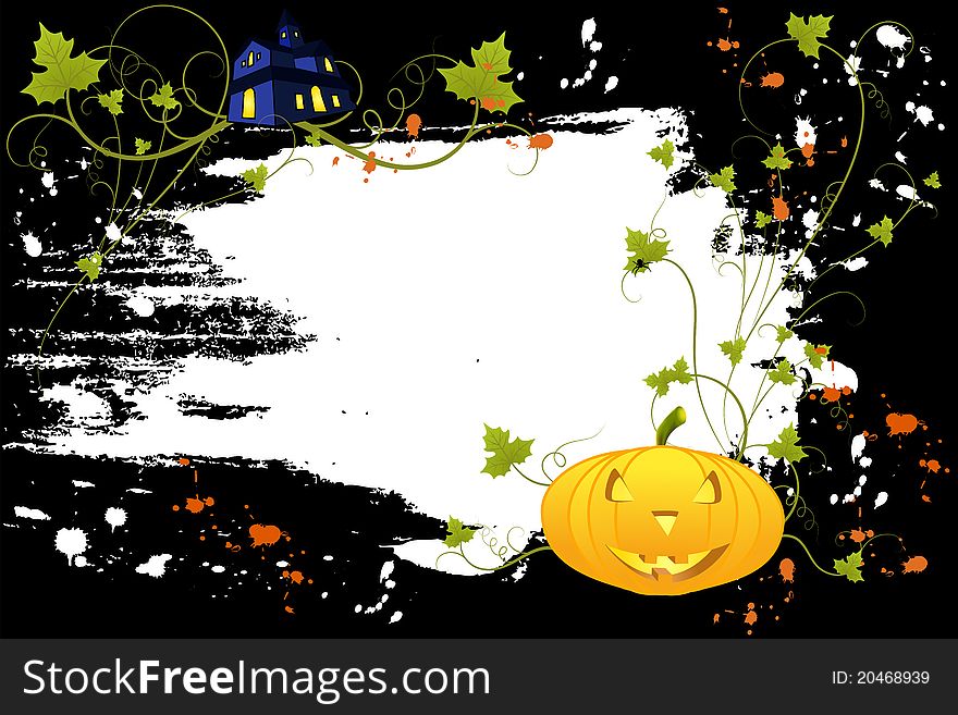 Grunge halloween background with pumkin, house, scroll and leaf, illustration