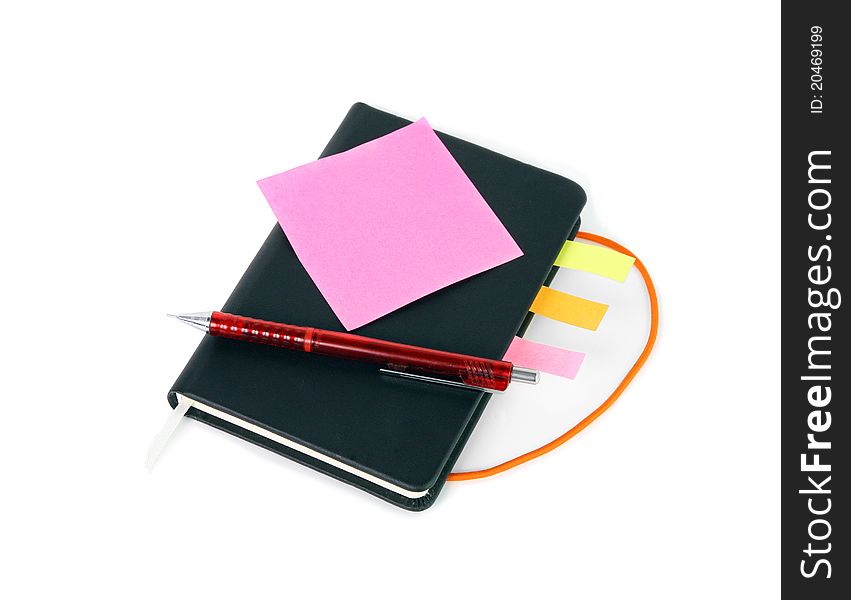 Black leather notebook with pen. Black leather notebook with pen