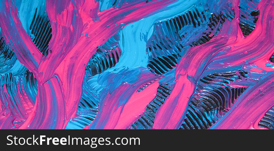 Closeup of abstract oil painting of purple, blue and black on canvas, background of colors, scratches, lines and waves