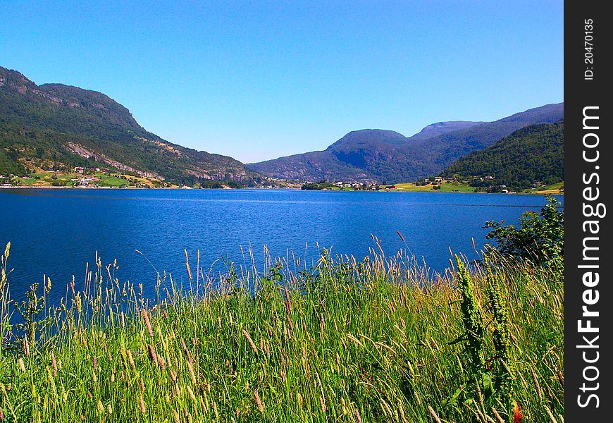 Beautiful blue lake in the Norwegian mountains