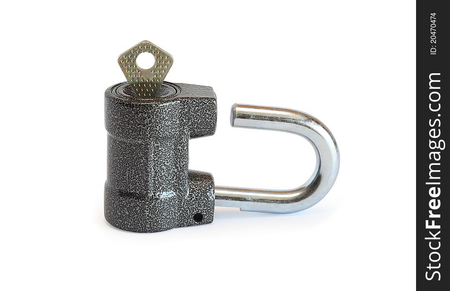 Open padlock with key on white background. Isolated with clipping path