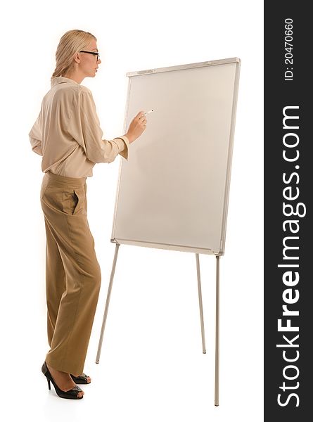 Woman in glasses standing in front of drawing board and is about to draw something. Woman in glasses standing in front of drawing board and is about to draw something