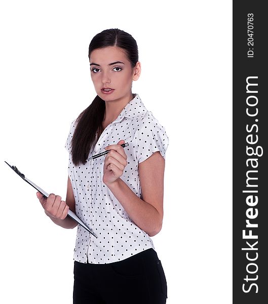 Woman with notebook and ball pen in hand. Woman with notebook and ball pen in hand