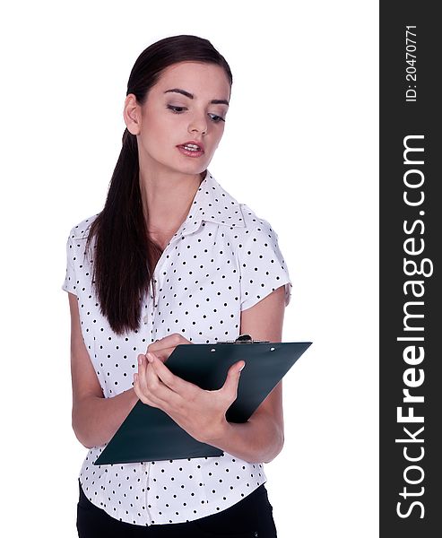 Woman with notebook and ball pen in hand. Woman with notebook and ball pen in hand