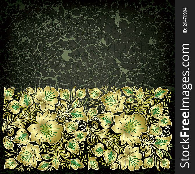 Abstract black grunge background with floral ornament