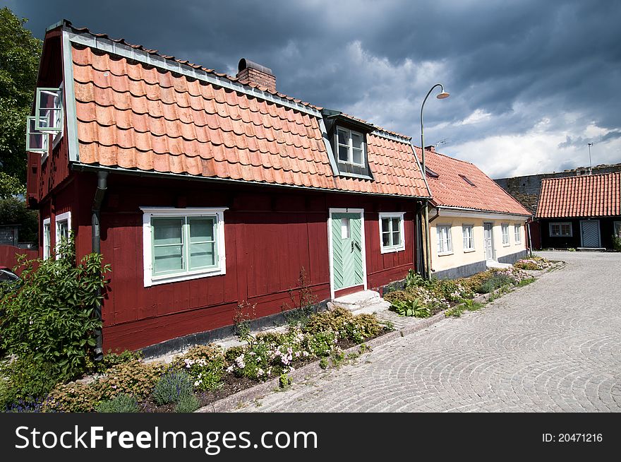 Small houses in the town of Visby, Sweden.