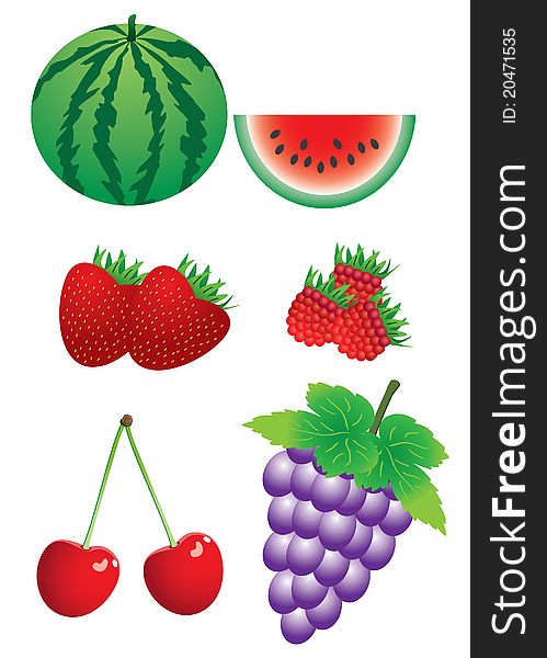 Set of berries on the white background. Strawberry, raspberry, cherry, watermelon, grape.