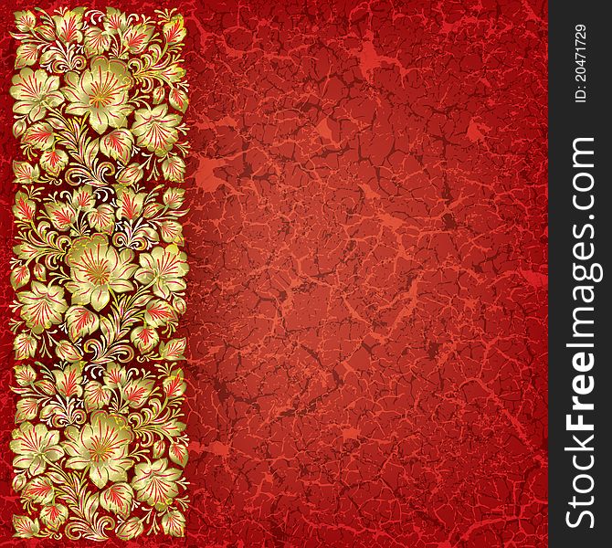 Abstract red grunge background with floral ornament