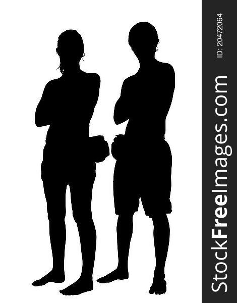 Silhouette of couple in beach clothing and fanny packs. Silhouette of couple in beach clothing and fanny packs.