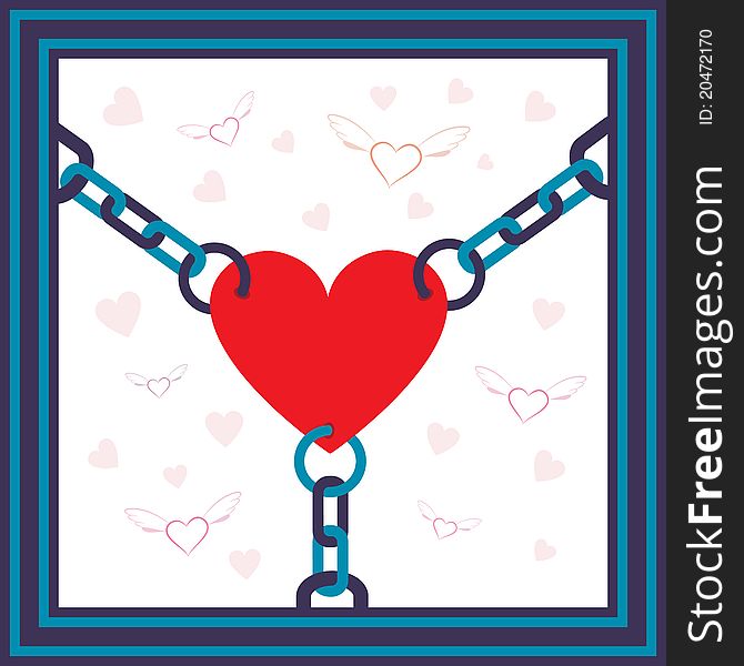 Chained heart with flying hearts on background metaphor illustration.