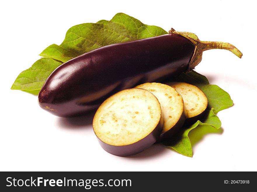 Eggplant With Leafs On White