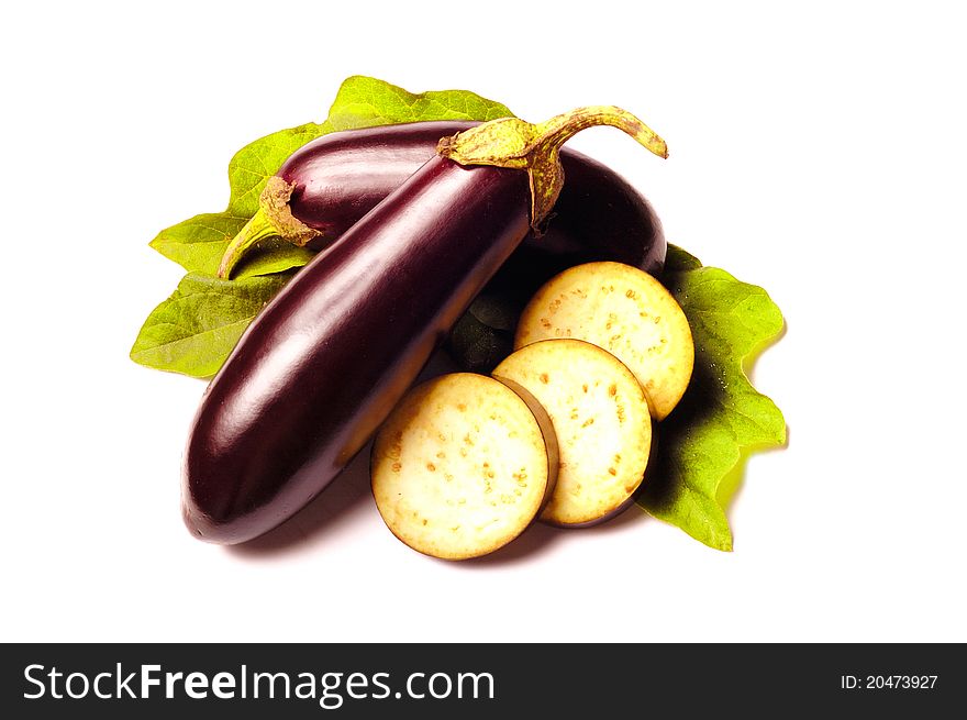 Eggplant With Leafs On White
