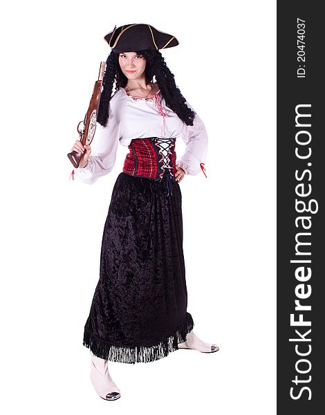 A woman dressed as a pirate, pistol and saber. White background. Studio photography. A woman dressed as a pirate, pistol and saber. White background. Studio photography.