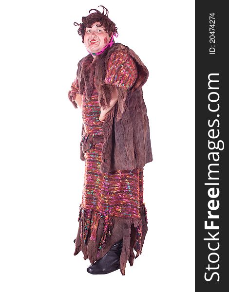 A guy dressed as a witch with a stick. White background. Studio photography. A guy dressed as a witch with a stick. White background. Studio photography.