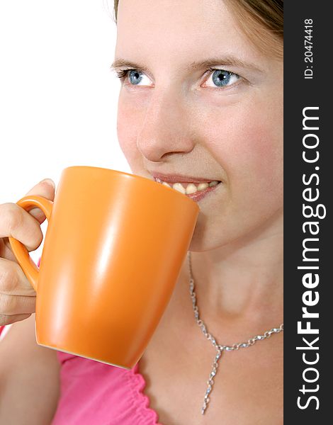 Beautiful woman and orange mug