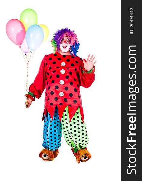 Man dressed as clown red. White background. Studio photography. Man dressed as clown red. White background. Studio photography.