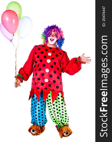 Man dressed as clown red. White background. Studio photography. Man dressed as clown red. White background. Studio photography.