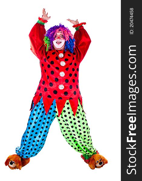 Man dressed as clown red. White background. Studio photography. Man dressed as clown red. White background. Studio photography.
