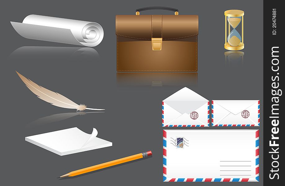 vector business a set a portfolio, an envelope, a paper, a pencil, a feather, a notebook, hours