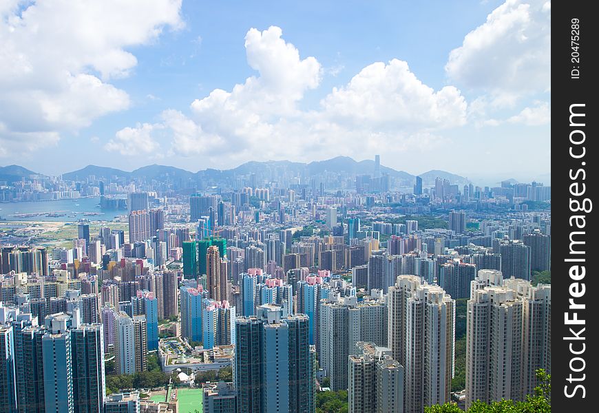 The view of many modern buildings of Hong Kong on day. The view of many modern buildings of Hong Kong on day