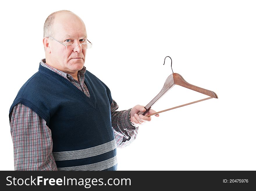 Confident man in glasses holds in hand empty cloth hanger isolated on white. Confident man in glasses holds in hand empty cloth hanger isolated on white