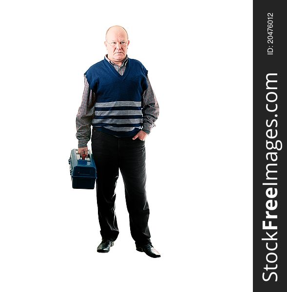 Confident Man Standing With Toolbox In Right Hand