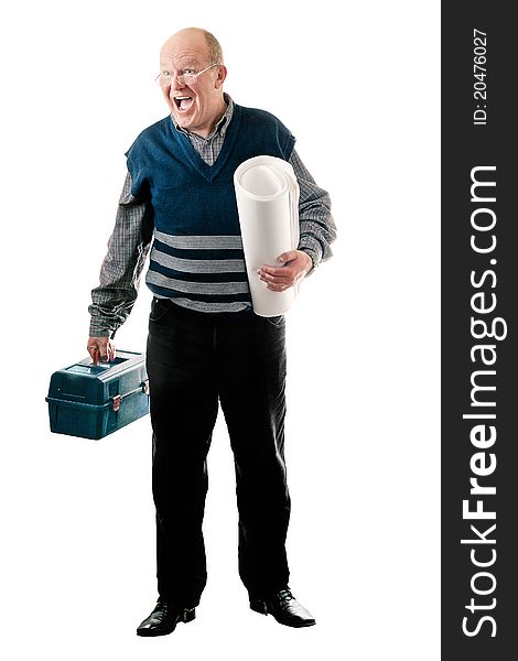 Confident man with toolbox and roll of canvas