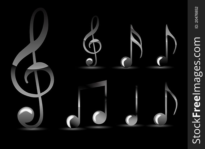 Set of glossy black music note isolated on black background