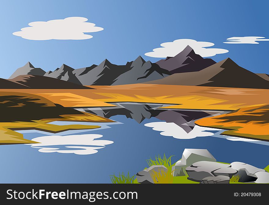 An illustration of scenic landscape with mountains and blue sky