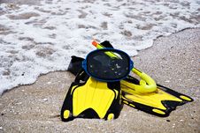 Yellow Flippers And Swimming Mask On Sea Beach Stock Photography Yellow Flippers And Swimming Mask On Sea Beach Stock Photography