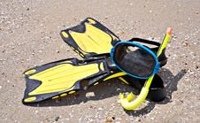 Yellow Flippers And Swimming Mask On Sea Beach Royalty Free Stock Photo Yellow Flippers And Swimming Mask On Sea Beach Royalty Free Stock Photo
